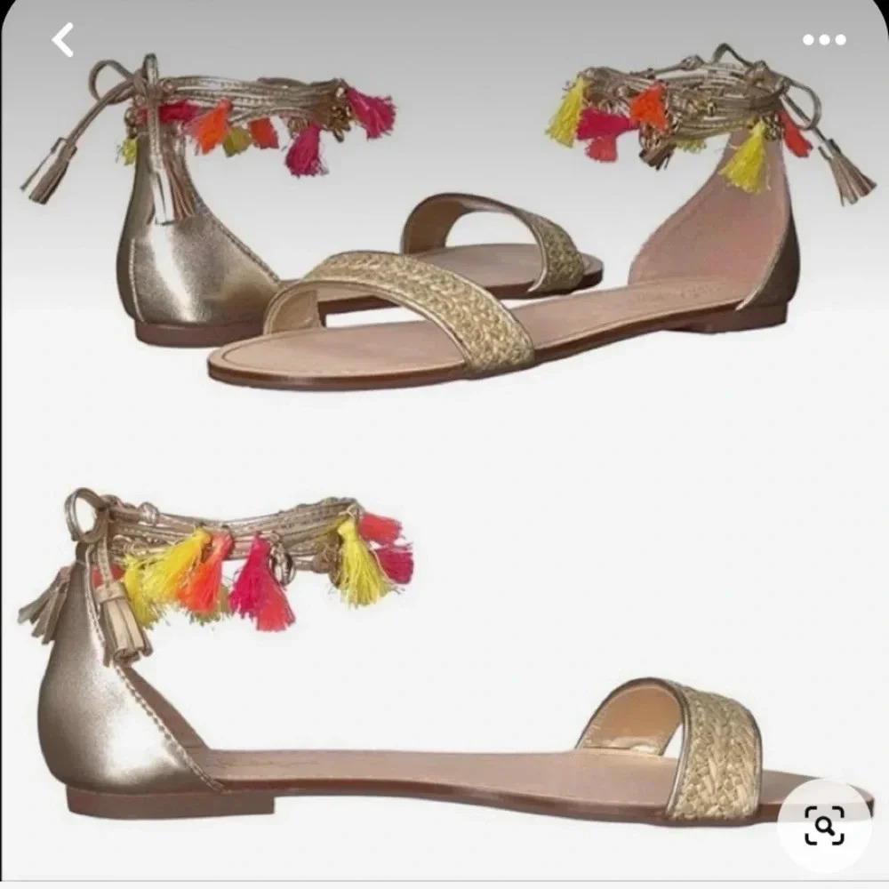 Lilly Pulitzer Womens 7 Willa Lace Up Sandals Raffia Gold Leather Tassels Flat